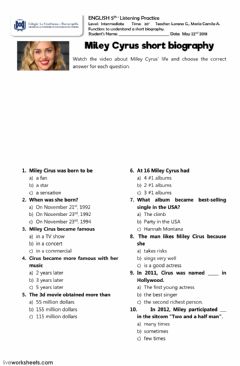 Interactive worksheet Miley Cirus short biography listening